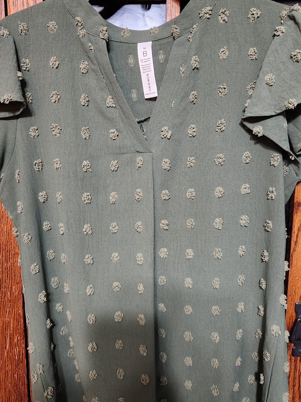 Olive Green Textured Dot V-Neck Women's Top
